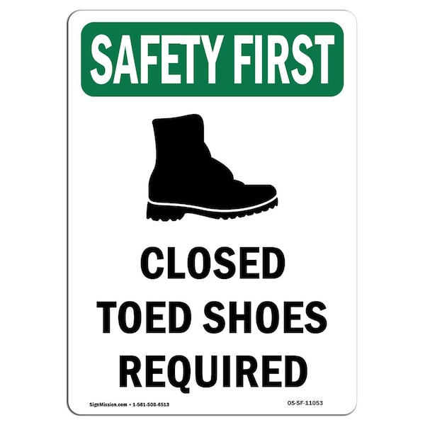 OSHA Sign, Closed Toed Shoes Required W/ Symbol, 14in X 10in Aluminum, 10" W, 14" H, Portrait